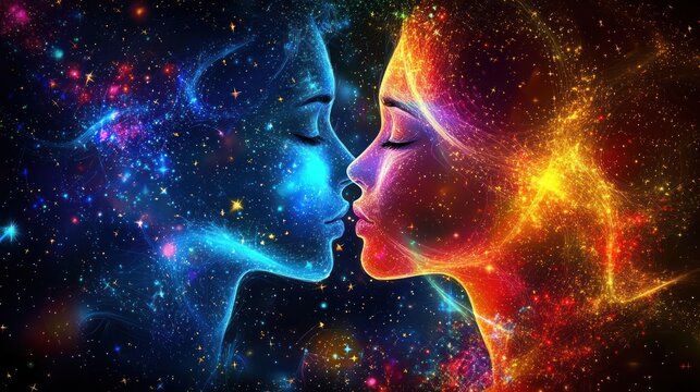 A symbolic representation of love with interwoven cosmic patterns and glowing stars.