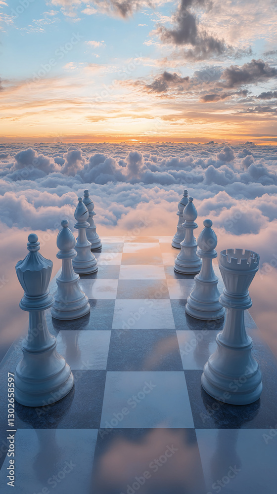 Poster A surreal scene of a chessboard floating above the clouds at sunset with white chess pieces reflecting on the glass-like surface, symbolizing strategy and imagination.