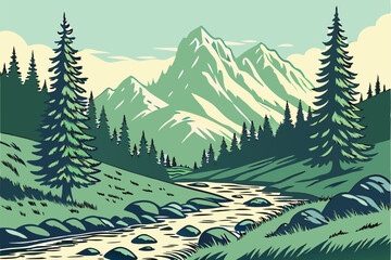 Fototapeta premium vector illustration of flat minimalist landscape with river, pine trees, and mountains 