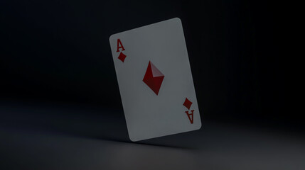 white playing card with the letter A and a red diamond on it, floating in the air against a black background. A hyper-realistic 3D model of a game item.