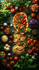 Fototapeta premium Assorted Italian Food Ingredients Display On Wooden Table