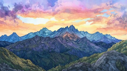 Obraz premium Mountain view during sunset with colorful sky