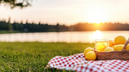Refreshing lemonade setup by the lakeside at sunset