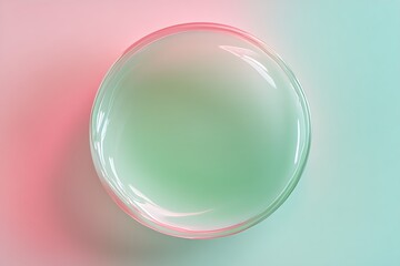 Obraz premium Abstract Mint Green Liquid in Glass Bowl, Pastel Pink Background, Top View