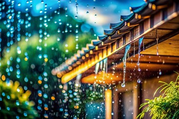 Naklejka premium High-Speed Raindrops Falling on a House Terrace from Roof