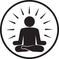 A minimalistic black and white icon of a human figure sitting in a meditative pose inside a circle, yoga icon on square button