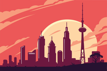 Obraz premium futuristic city skyline at sunset with towering skyscrapers in vector art 
