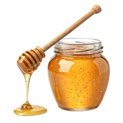 Golden Honey in Glass Jar with Wooden Dipper, Dripping Sweetness, Isolated on White Background, Studio Shot, Food Photography