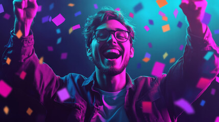 A man performing at a vibrant nightclub with dynamic lighting and a stylish party atmosphere