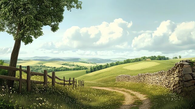 Scenic countryside with rolling hills and clouds.