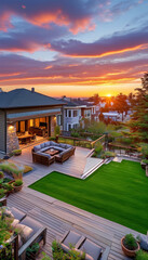 Fototapeta premium Urban neighbourhood at sunset, urban house, wide shots of home gardens, lawns, yards, decks and spaces for outdoor entertaining