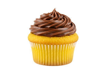 Delicious yellow cupcake topped with creamy chocolate frosting on a clean transparent background for dessert lovers and food enthusiasts