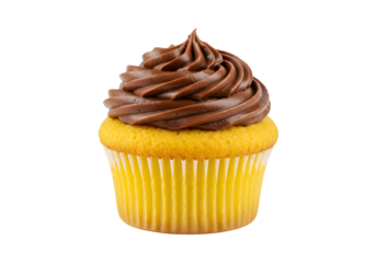 Delicious yellow cupcake topped with creamy chocolate frosting on a clean transparent background for dessert lovers and food enthusiasts