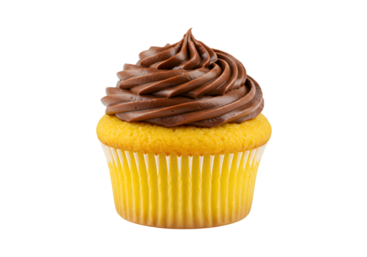 Delicious yellow cupcake topped with creamy chocolate frosting on a clean transparent background for dessert lovers and food enthusiasts