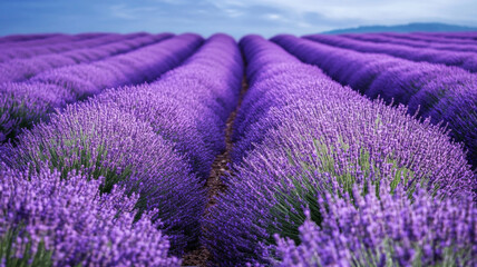 Fototapeta premium A landscape view of a lavender field in full bloom, stretching into the horizon with a vibrant purple hue