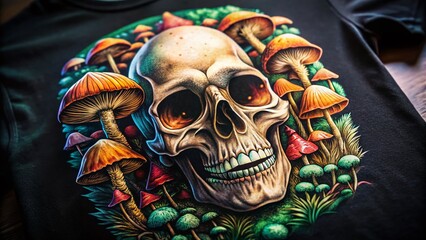 Low Light Skull Mushroom T-Shirt Design Stock Photo: Spooky Fungi Apparel