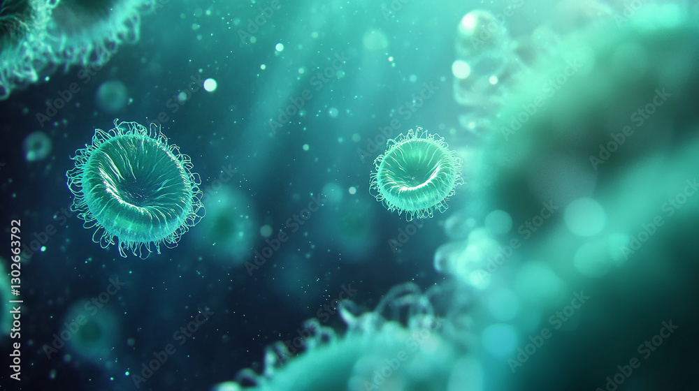 Aufkleber Close-up of immune cells floating in a microscopic view, showing their intricate structure and scientific representation of the body's defense against diseases or infections.