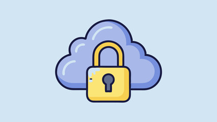 Cloud Security Icon: Cartoon Style Lock Protecting Data in Cloud Computing, Cybersecurity Concept, Digital Safety Illustration