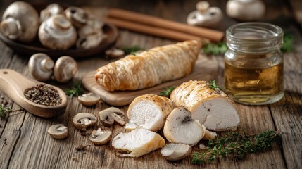 Fototapeta premium Freshly Cooked Chicken with Mushrooms and Herbs on Rustic Wooden Table