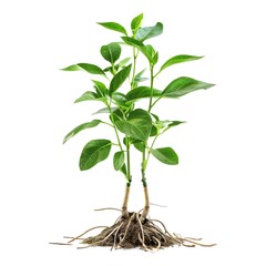 Fresh Green Plant with Exposed Roots Against White Background