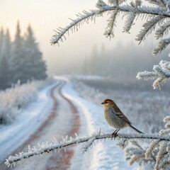Winter landscape, snowy path, frosty tree branch, small bird perched, misty forest background, soft cool colors, ethereal atmosphere, delicate details, serene nature scene, frosted pine needles, foggy