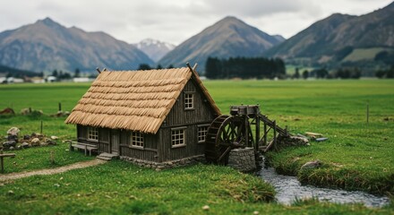 Small house with a water wheel in front of a mountain. The house is made of wood and has a thatched roof. For background, poster, banner.