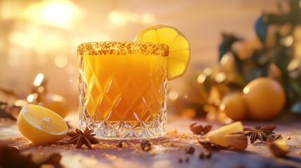 Golden citrus refreshment, A vibrant drink with sugared rim and lemon slice