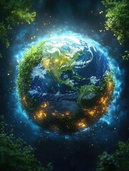 Vibrant depiction of Earth surrounded by lush greenery and glowing elements, symbolizing nature's beauty