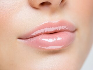 Fototapeta premium Close up of glossy lips with perfect shine and soft pink tones symbolizing beauty skincare cosmetics and glamour in premium stock photography