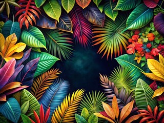 Lush Tropical Leaves Border, Dark Background Double Exposure Stock Photo