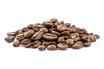 Freshly Roasted Coffee Beans Piled on a White Background for Beverage Lovers