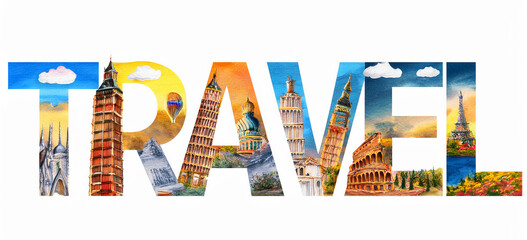 Art painting World Travel inscription. Collage and sights. Famous landmarks of the world design illustration.