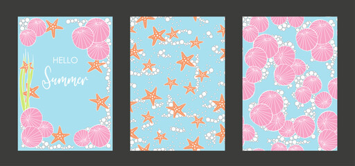 Set of seastars and shells abstract card design, one cover underwater, two seamless pattern, maritime vector illustration, template, layout