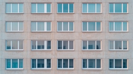 Obraz premium Symmetrical Urban Apartment Building Exterior with Multiple Windows