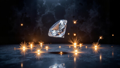 Women’s Day. Diamond with sparkles floating in dark room, creativity and inspiration