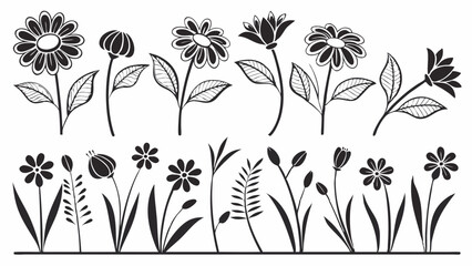 Black and White Flower Vector Art: Floral Meadow Illustration, Botanical Garden Design, Nature Inspired Graphic, Simple Flower Silhouettes