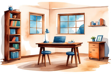 Watercolor Home Office Interior with Desk Laptop and Bookshelves Illustration