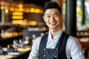 Fototapeta premium Friendly male server in modern restaurant smiling at camera while wearing apron
