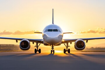 Commercial airplane landing at sunrise with golden light reflecting off the fuselage symbolizing global travel aviation industry and modern transportation