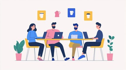 Fototapeta premium A flat graphic depicting a team of coworkers with icons of laptops and coffee mugs around them.
