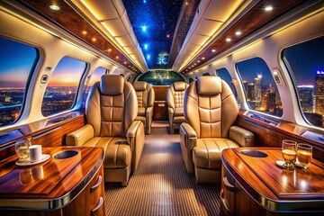 Fototapeta premium Luxurious Private Jet Interior: Leather Seats, Ambient Lighting, Sophisticated Air Travel