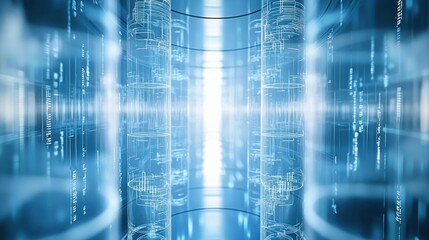 Fototapeta premium Futuristic Data Center with Glowing Cylinders and Digital Effects