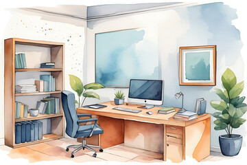 Fototapeta premium Watercolor Home Office Setup with Desk, Computer and Bookshelf Illustration