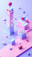 A colorful digital illustration of a modern city skyline with various tech elements representing Ci/CD, Docker, Kubernetes, and DevOps.