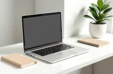 Fototapeta premium Sleek laptop on modern desk with potted plant and notebooks in minimalist workspace