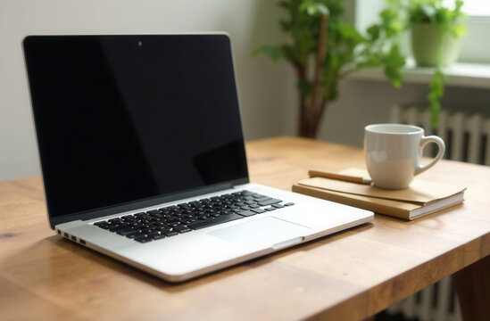 Sleek laptop with coffee mug on wooden desk by sunlit window - Powered by Adobe