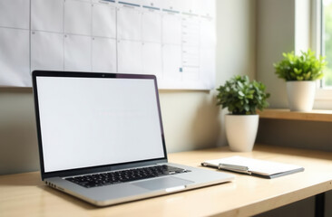 Minimal workspace with laptop and plants on wooden desk near window