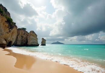 Coastal Scene: Sandy Beach, Cliffs, and Island under Partly Cloudy Sky