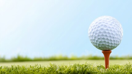 A golf ball sitting perfectly on a tee, ready for the first stroke under a clear blue sky.