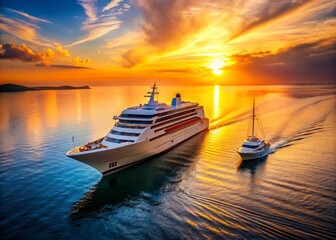 Fototapeta premium Luxury Yacht Cruise Sunset Ocean Voyage - Stunning Aerial Drone Shot